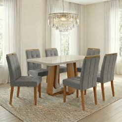 Mesa Sintonia (Tampo Maxi) 170 Amêndoa Clean/Off White com 6 Cadeiras Sophia Linho Cinza Grafite 206 – LOPAS + WM DECOR