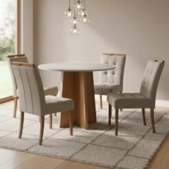 Mesa Redonda Celebrare 100 Amêndoa Clean/Off White com 4 Cadeiras Sophia Veludo Bege – LOPAS + WM DECOR