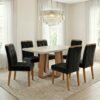 Mesa Sintonia (Tampo Maxi) 170 Amêndoa Clean/Off White com 6 Cadeiras Sophia Veludo Preto – LOPAS + WM DECOR