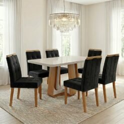 Mesa Sintonia (Tampo Maxi) 170 Amêndoa Clean/Off White com 6 Cadeiras Sophia Veludo Preto – LOPAS + WM DECOR