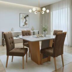 Mesa Apogeu (Tampo Maxi) 120 Amêndoa Clean/Off White com 4 Cadeiras Sophia Veludo Marrom – LOPAS + WM DECOR