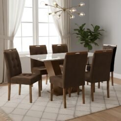 Mesa Classic 160 Cinamomo/Off White com 6 Cadeiras Sophia Veludo Marrom – CEL MÓVEIS + WM DECOR
