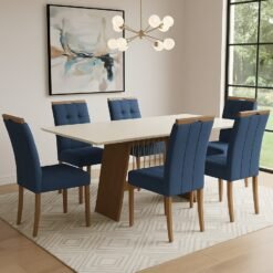 Mesa Damiana BA56 160 Canela/Off White com 6 Cadeiras Sophia Veludo Azul – KAPPESBERG + WM DECOR