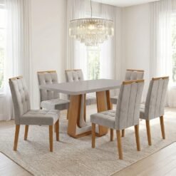 Mesa Sintonia (Tampo Maxi) 170 Amêndoa Clean/Off White com 6 Cadeiras Sophia Veludo Bege – LOPAS + WM DECOR