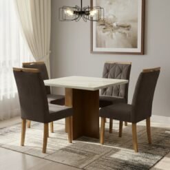 Mesa Salinas/Helô/Los Angeles 90 Cinamomo/Off White com 4 Cadeiras Yasmim Veludo Marrom – CEL MÓVEIS + KM DECOR