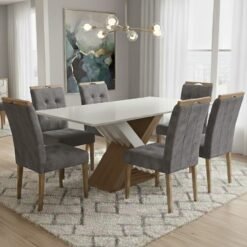 Mesa Graviola BA29 160 Canela/Off White com 6 Cadeiras Sophia Veludo Cinza Grafite – KAPPESBERG + WM DECOR