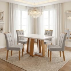 Mesa Sintonia (Tampo Maxi) 120 Amêndoa Clean/Off White com 4 Cadeiras Sophia Veludo Bege – LOPAS + WM DECOR