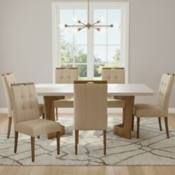Mesa Liz 160 (Tampo 40 mm) Cinamomo/Off White com 6 Cadeiras Sophia Veludo Bege – VALDEMÓVEIS + WM DECOR