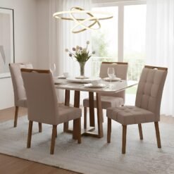 Mesa Pedro 120 Mel/Off White com 4 Cadeiras Sophia Veludo Bege – ART ASSENTOS + WM DECOR