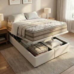 Colchão Queen Dom Helio VX D28 + Base Box Baú Corino Branco – ECOTEC + ALTO NÍVEL CAMAS E COLCHÕES