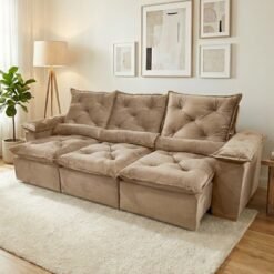 Sofá Retrátil e Reclinável Grécia 2,70 m Veludo Bege – QUINE ESTOFADOS