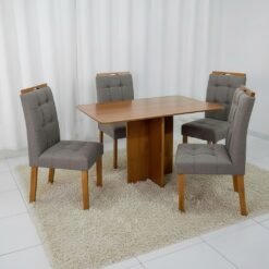 Mesa Salinas 120 (Tampo Londres s/ vidro) Cinamomo com 4 Cadeiras Sophia Veludo Cinza Grafite – CEL MÓVEIS + WM DECOR