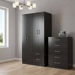 Guarda-Roupa 4 Portas Panamá 4002 + Cômoda 5 Gavetas Aruba Preto – FELLICCI