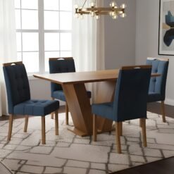 Mesa Classic 120 Cinamomo Laminado com 4 Cadeiras Sophia Veludo Azul – CEL MÓVEIS + WM DECOR