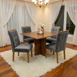 Mesa Salinas 90 (Tampo Londres s/ vidro) Cinamomo com 4 Cadeiras Sophia Veludo Cinza Grafite – CEL MÓVEIS + WM DECOR