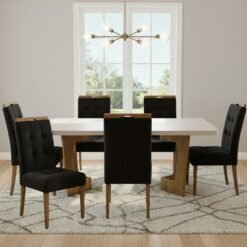 Mesa Liz 160 (Tampo 40 mm) Cinamomo/Off White com 6 Cadeiras Sophia Veludo Preto – VALDEMÓVEIS + WM DECOR