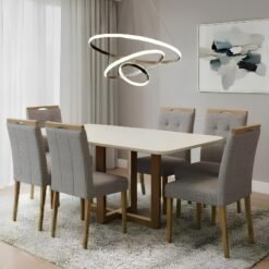 Mesa Atlas Mel/Off White Canto Copo 160×80 com 6 Cadeiras Sophia Linho Cinza Grafite 206 – ART ASSENTOS + WM DECOR