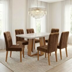 Mesa Sintonia (Tampo Maxi) 170 Amêndoa Clean/Off White com 6 Cadeiras Sophia Veludo Marrom – LOPAS + WM DECOR