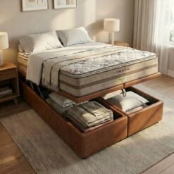 Colchão Queen Dom Helio VX D28 + Base Box Baú Corino Marrom – ECOTEC + ALTO NÍVEL CAMAS E COLCHÕES