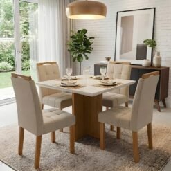 Mesa Salinas/Helô/Los Angeles 90 Cinamomo/Off White com 4 Cadeiras Sophia Veludo Bege – CEL MÓVEIS + WM DECOR