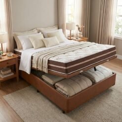 Colchão Casal Classic 22 cm AGD70 Molas Ensacadas + Base Baú Corino Marrom – ANJOS COLCHÕES + ALTO NÍVEL