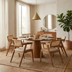 Mesa Redonda Malva 130 Mel com 6 Cadeiras Zeus Linho Bege– J SILVA MÓVEIS + SALA VIP MOVELARIA