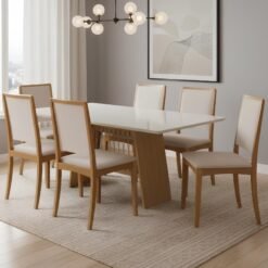 Mesa Damiana BA56 160 Canela/Off White com 6 Cadeiras Lara 2CMM007CA Linho Areia – KAPPESBERG