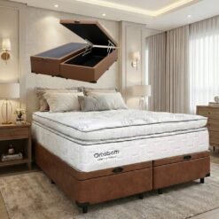Colchão Queen New Freedom 32 cm D33 Molas Ensacadas + Base Baú Corino Marrom – ORTOBOM + ALTO NÍVEL