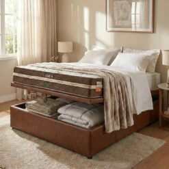 Colchão Casal Lisboa 24 cm D28 Molas Ensacadas + Base Baú Corino Marrom – ECOTEC + ALTO NÍVEL