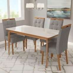 Mesa Alegra 120 Cinamomo/Off White com 4 Cadeiras Sophia Linho Cinza Grafite 206 – JCM MOVELARIA + WM DECOR