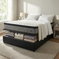 Colchão Casal Qatar 26 cm D28 Molas Ensacadas + Base Baú Corino Preto – DESIGN + ALTO NÍVEL