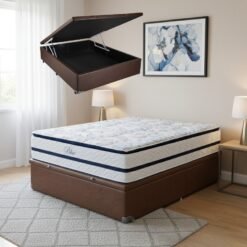 Colchão Casal Blue 32 cm H33 Molas Ensacadas + Base Baú Corino Marrom – PAROPAS + ALTO NÍVEL