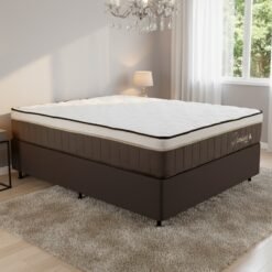 Colchão Casal Rondopremium 32 cm D33 Molas Ensacadas + Base Simples Corino Marrom – RONDOMÓVEIS + ALTO NÍVEL