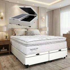 Colchão Queen New Freedom 32 cm D33 Molas Ensacadas + Base Baú Corino Branco – ORTOBOM + ALTO NÍVEL