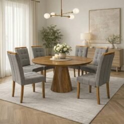 Mesa Redonda Malva 130 Mel com 6 Cadeiras Sophia Linho Cinza Grafite 206 – J SILVA MÓVEIS + WM DECOR