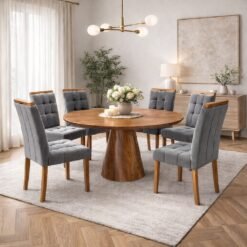 Mesa Redonda Malva 130 Mel com 6 Cadeiras Sophia Veludo Cinza Grafite 102 – J SILVA MÓVEIS + WM DECOR