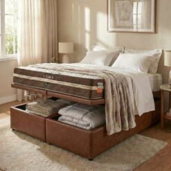 Colchão Queen Lisboa 24 cm D28 Molas Ensacadas + Base Baú Corino Marrom – ECOTEC + ALTO NÍVEL