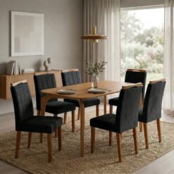 Mesa Capri 160 (S/Vidro) Laminado Natural com 6 Cadeiras Las Vegas Veludo Preto 13 – MÓVEIS VALVERDE + OURO DECOR
