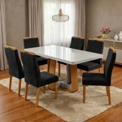 Mesa Sintonia (Tampo Maxi) 170 Amêndoa Clean/Off White com 6 Cadeiras Gênova Veludo Preto – LOPAS + ART ASSENTOS