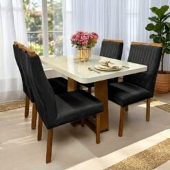 Mesa Sintonia (Tampo Maxi) 120 Amêndoa Clean/Off White com 4 Cadeiras Gênova Veludo Preto – LOPAS + ART ASSENTOS