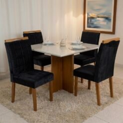 Mesa Salinas 90 (Tampo Dakota c/vidro) Cinamomo/Off White com 4 Cadeiras Las Vegas Veludo Preto 13 – CEL MÓVEIS + OURO D