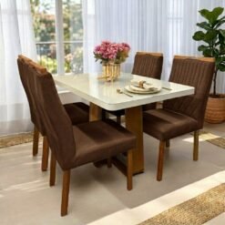 Mesa Sintonia (Tampo Maxi) 120 Amêndoa Clean/Off White com 4 Cadeiras Gênova Veludo Marrom – LOPAS + ART ASSENTOS