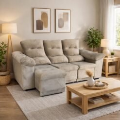 Sofá Retrátil e Reclinável Dinamarca 2,10 m Veludo Bege - FLASH ESTOFADOS