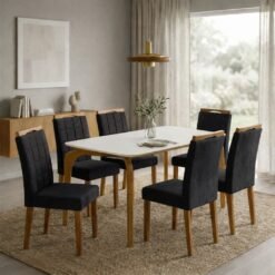 Mesa Capri 160 (C/Vidro) Cinamomo/Off White com 4 Cadeiras Las Vegas Veludo Preto 13 – MÓVEIS VALVERDE + OURO DECOR
