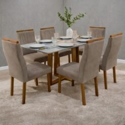 Mesa Pedro 160 Mel/Off White com 6 Cadeiras Gênova Veludo Bege Capuccino – ART ASSENTOS