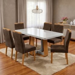 Mesa Sintonia (Tampo Maxi) 170 Amêndoa Clean/Off White com 6 Cadeiras Gênova Veludo Marrom – LOPAS + ART ASSENTOS