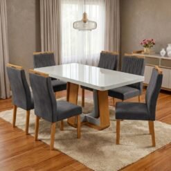 Mesa Sintonia (Tampo Maxi) 170 Amêndoa Clean/Off White com 6 Cadeiras Gênova Veludo Cinza Grafite – LOPAS + ART ASSENTOS