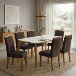 Mesa Capri 160 (C/Vidro) Cinamomo/Off White com 4 Cadeiras Las Vegas Veludo Marrom 17 – MÓVEIS VALVERDE + OURO DECOR