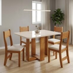 Mesa Tókio/Teka 120 Mel/Blonde/Off White com 4 Cadeiras Brisa Veludo Marfim – VIERO MÓVEIS