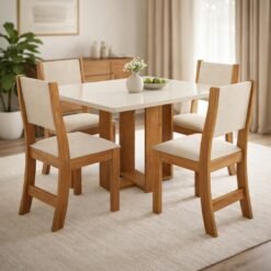 Mesa Tókio 120 Mel/Blonde com 4 Cadeiras Sol Linho Bronze – VIERO MÓVEIS